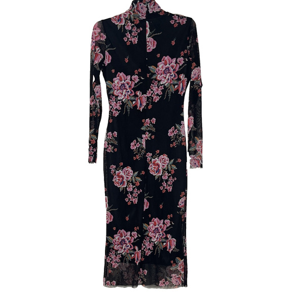 Harlow & Rose Mesh Sheath Midi Dress Small Black Floral Sheer Long Sleeve 90s - Picture 2 of 11